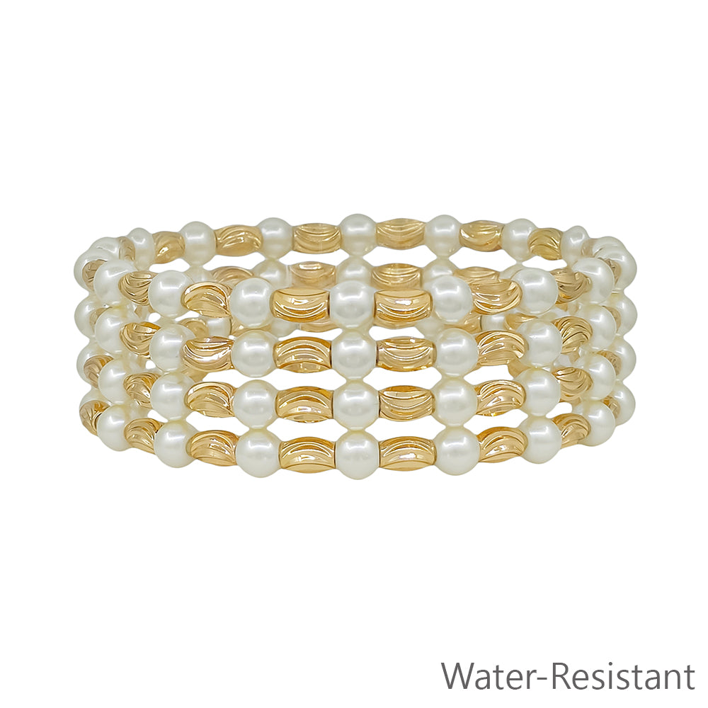 Gold Textured Oval with Pearl Beaded Set of 4 Stretch Bracelets
