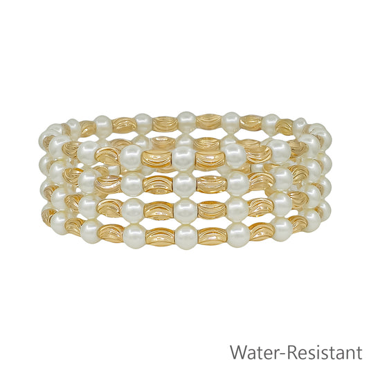 Gold Textured Oval with Pearl Beaded Set of 4 Stretch Bracelets