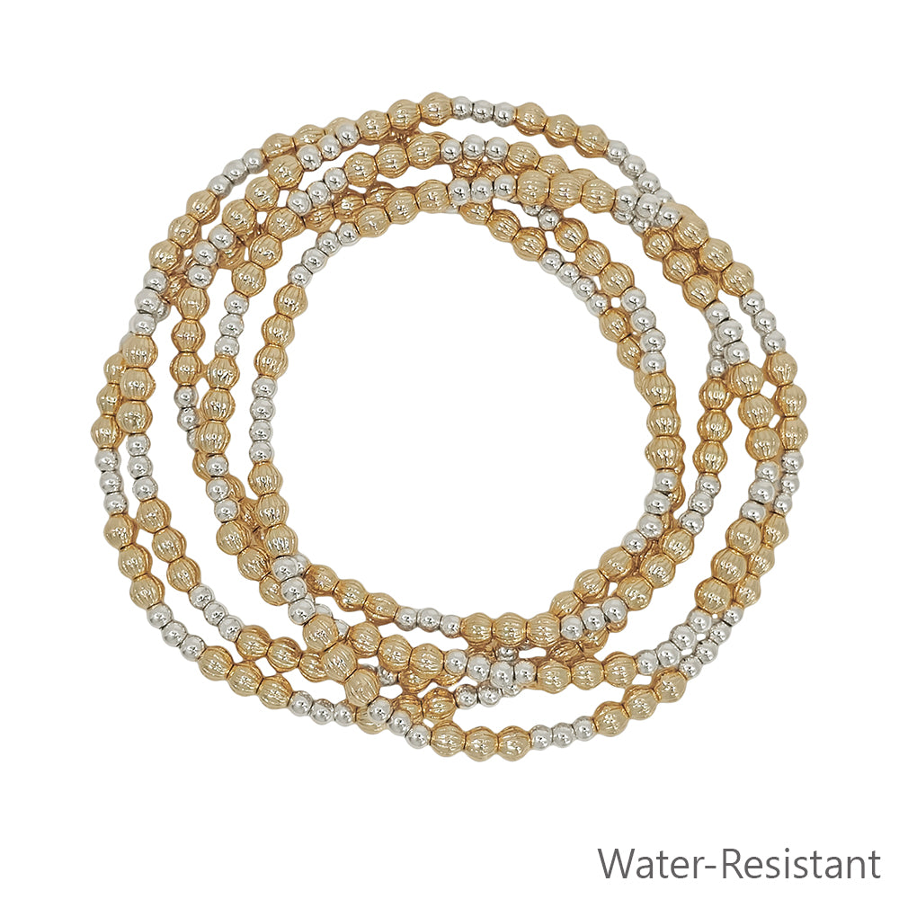 Water Resistant Set of 5 Gold and Silver 4MM and 3MM Beaded Stretch Bracelets