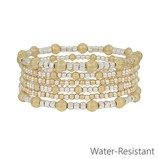 Water Resistant Set of 6 5MM and 3MM Gold and Silver Beaded Stretch Bracelets