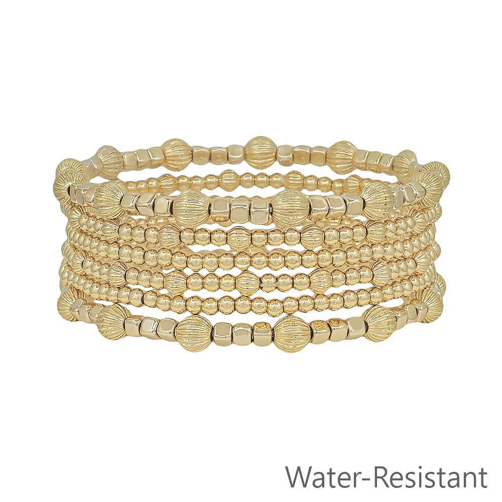 Water Resistant Set of 6 5MM and 3MM Gold Beaded Stretch Bracelets