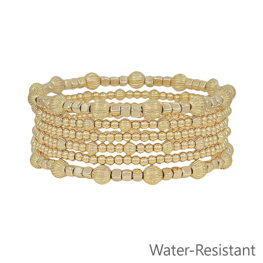 Water Resistant Set of 6 5MM and 3MM Gold Beaded Stretch Bracelets