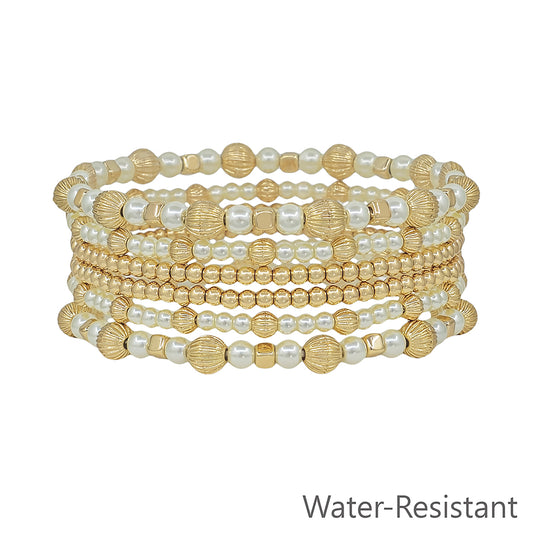 Water Resistant Set of 6 Gold Beaded and Pearl 5MM Stretch Bracelets