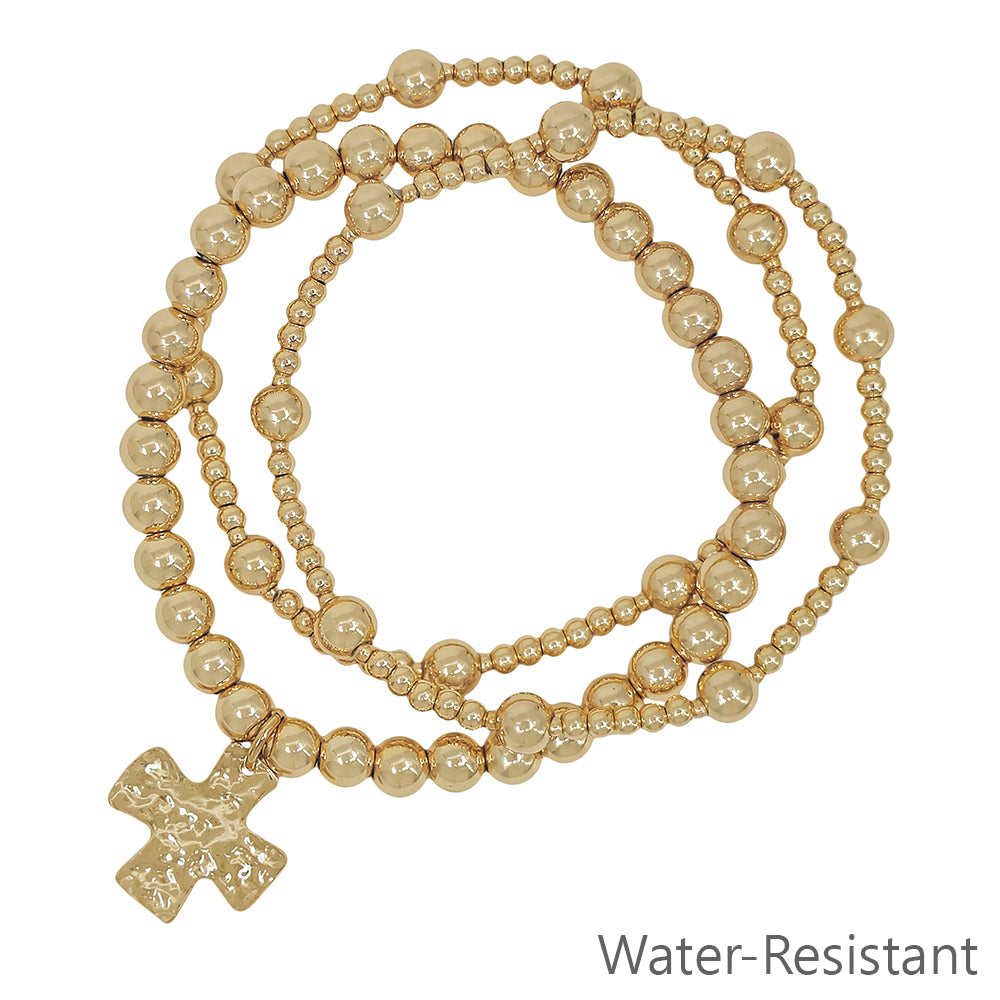 Water Resistant Set of 3 Gold Beaded with Hammered Cross Stretch Bracelets