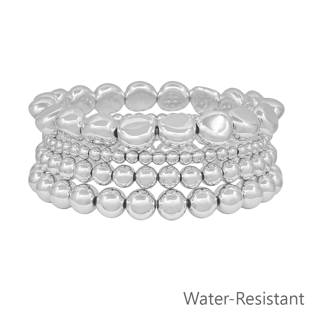 Silver Graduated 4,6,8MM Beaded Set of 4 Stretch Bracelets