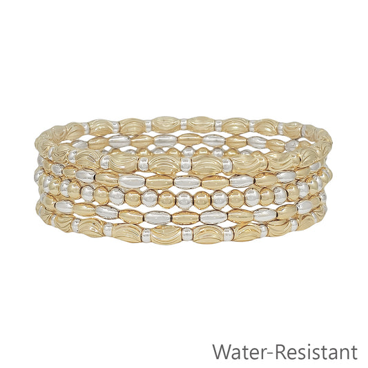 Gold and Silver Beaded and Textured Oval Set of 5 Stretch Bracelets