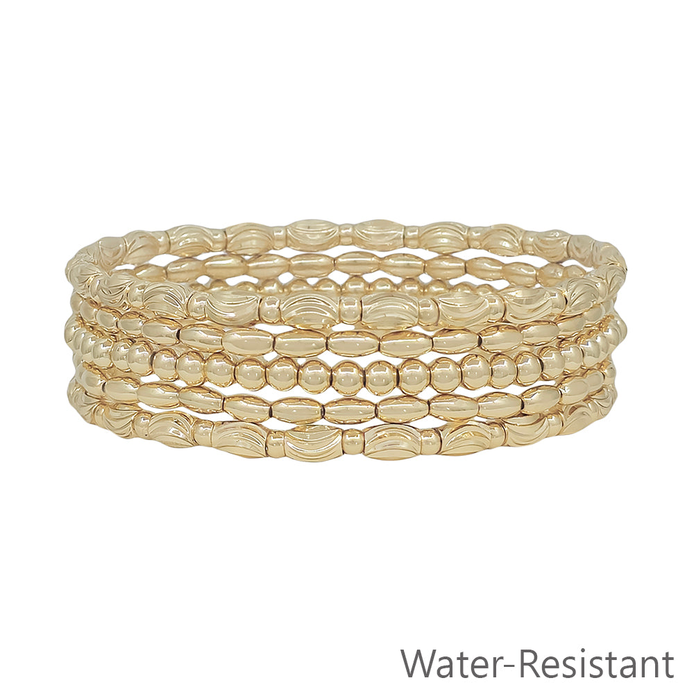 Gold Beaded and Textured Oval Set of 5 Stretch Bracelets