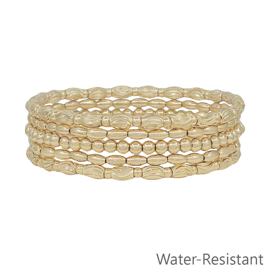 Gold Beaded and Textured Oval Set of 5 Stretch Bracelets