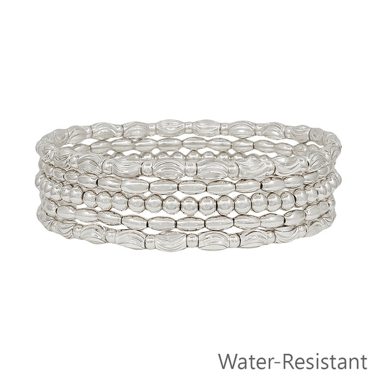 Silver Beaded and Textured Oval Set of 5 Stretch Bracelets