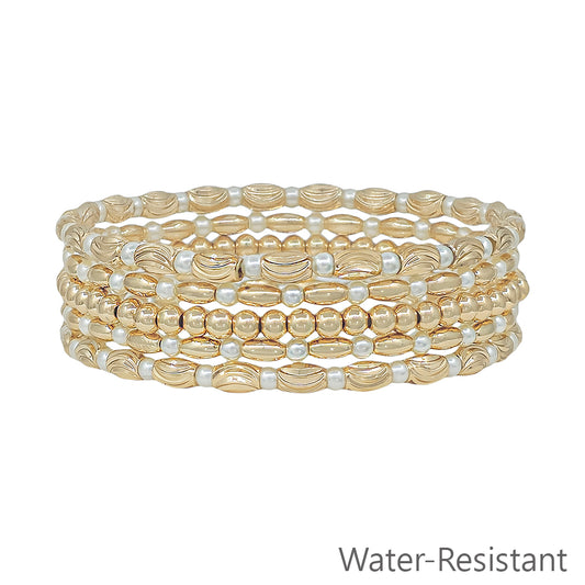 Gold Textured Oval and Beaded with Pearls Set of 5 Stretch Bracelets