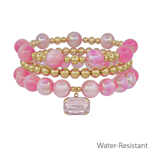 Pink Beaded and Gold Set of 3 with Square Crystal Charm Stretch Bracelets