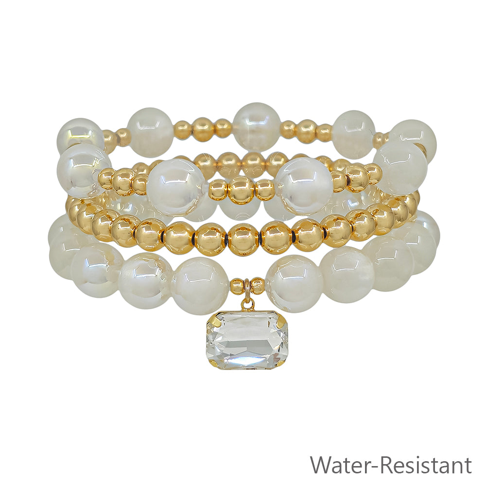 White Beaded and Gold Set of 3 with Square Crystal Charm Stretch Bracelets