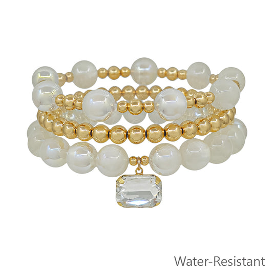 White Beaded and Gold Set of 3 with Square Crystal Charm Stretch Bracelets