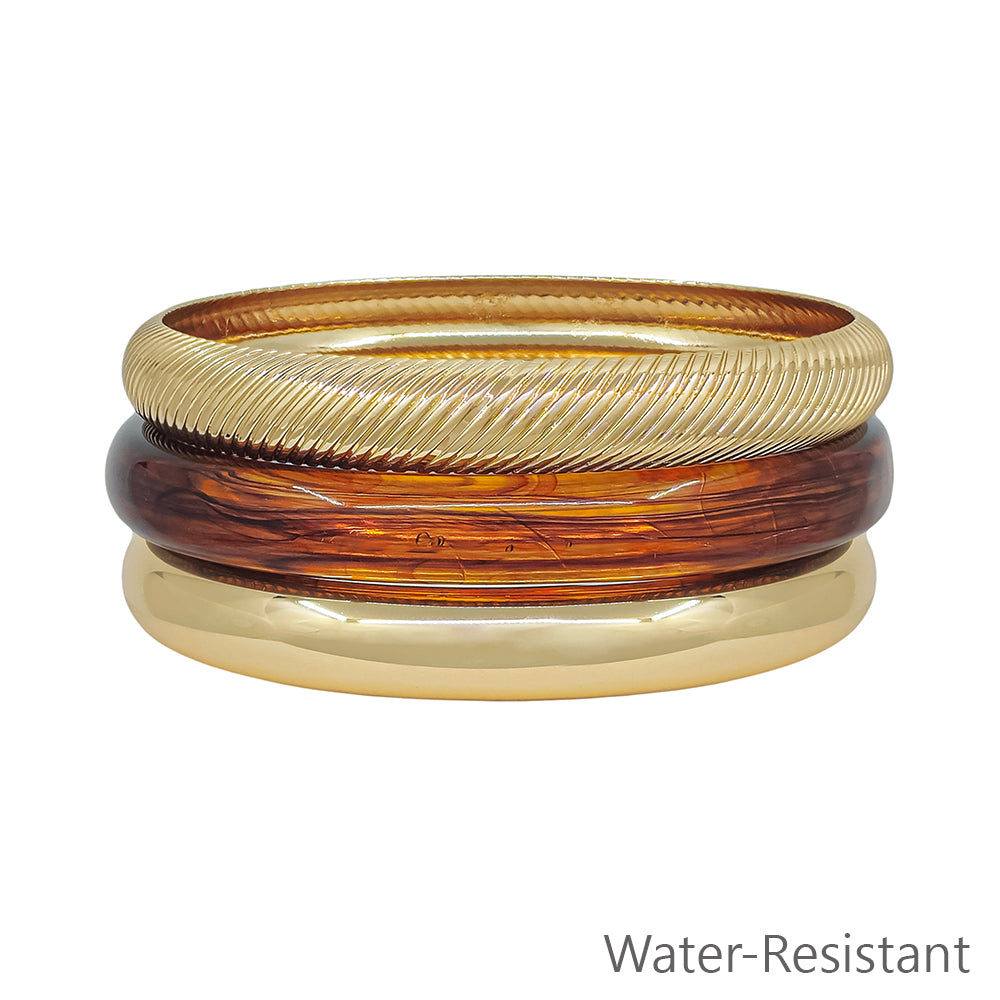 Water Resistant Set of 3 Acrylic Gold and Brown Bangles