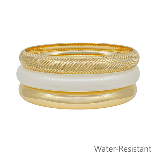 Water Resistant Set of 3 Acrylic Gold and White Green Bangles
