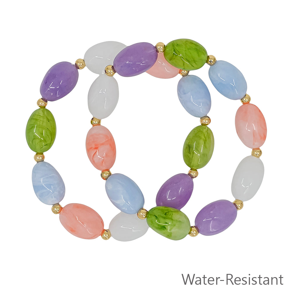 Set of 2 Multi Oval Acrylic and Gold Beaded Stretch Bracelets