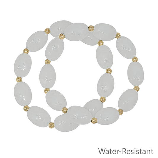 Set of 2 White Oval Acrylic and Gold Beaded Stretch Bracelets