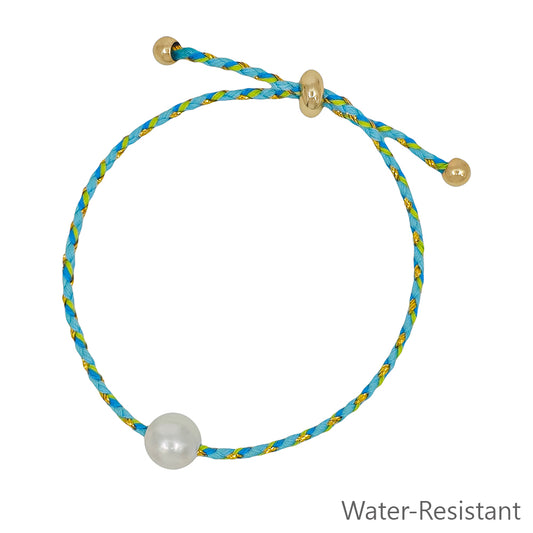 Mint and Blue Pull String Threaded with Freshwater Pearl Bracelet