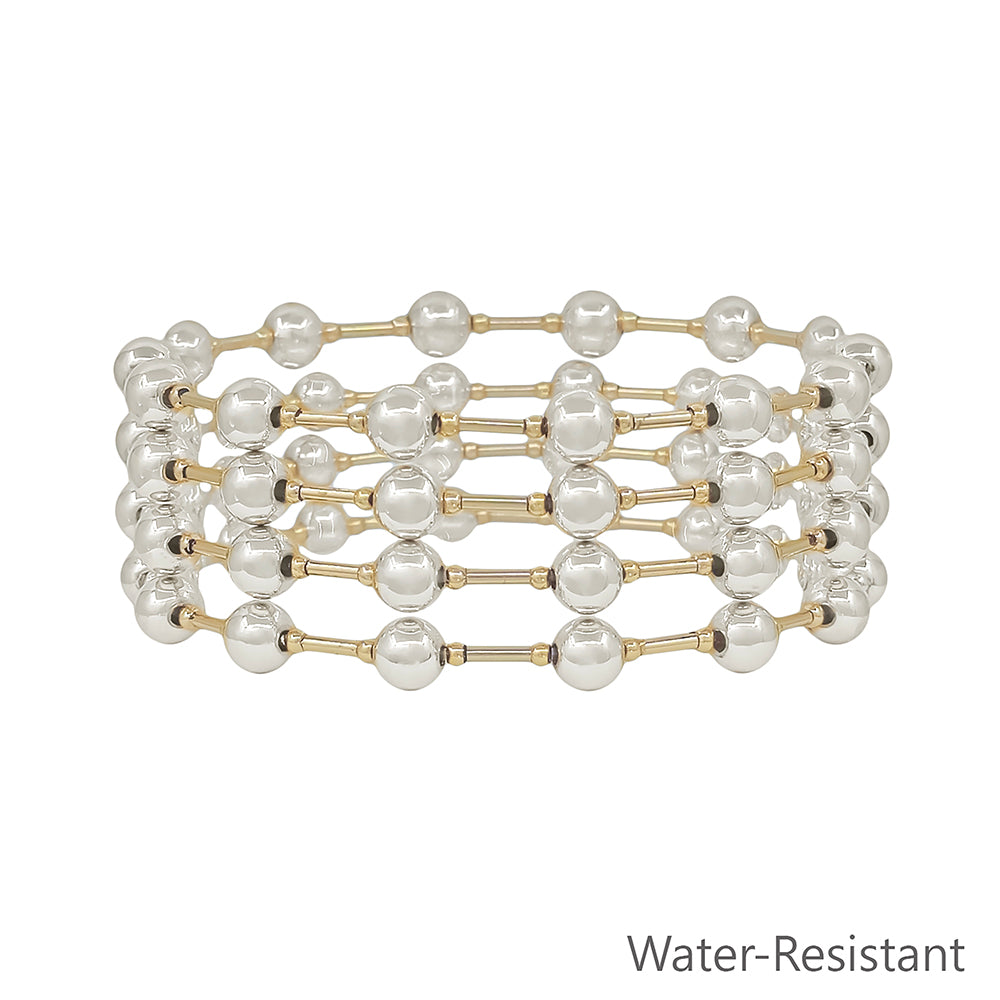 Water Resistant Set of 4 6MM Gold & Silver Beaded Stretch Bracelet