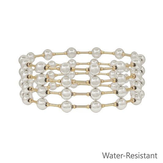 Water Resistant Set of 4 6MM Gold & Silver Beaded Stretch Bracelet