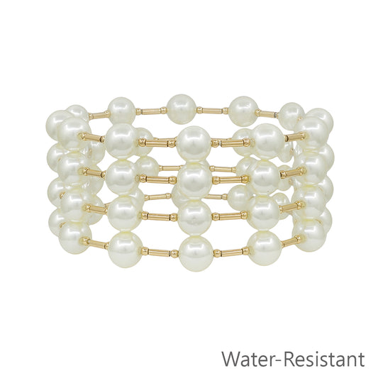 Water Resistant Set of 4 8MM Pearl and Gold Bar Stretch Bracelets