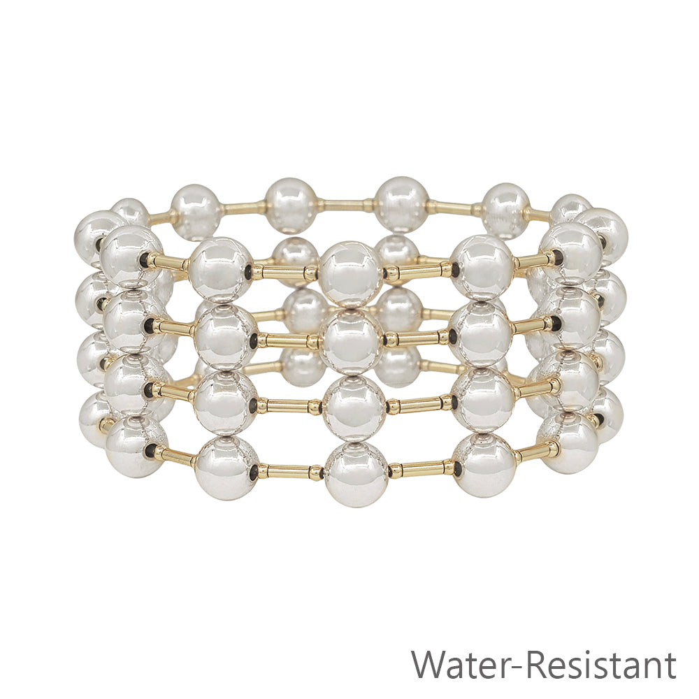 Water Resistant Set of 4 8MM Silver Beaded and Gold Bar Stretch Bracelets