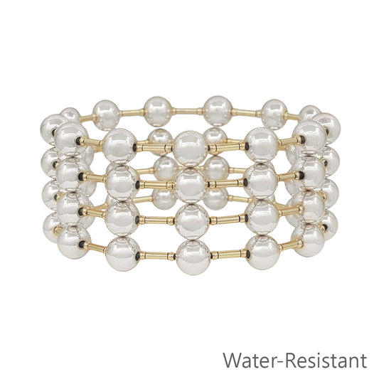 Water Resistant Set of 4 8MM Silver Beaded and Gold Bar Stretch Bracelets