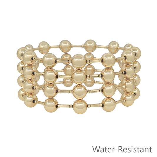 Water Resistant Set of 4 8MM Gold Beaded and Gold Bar Stretch Bracelets
