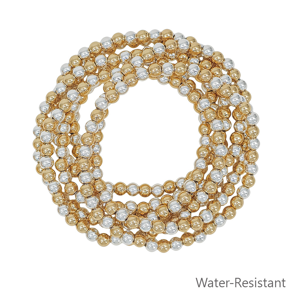 Water Resistant Set of 7 Gold and Silver Textured 5MM Beaded Stretch Bracelets