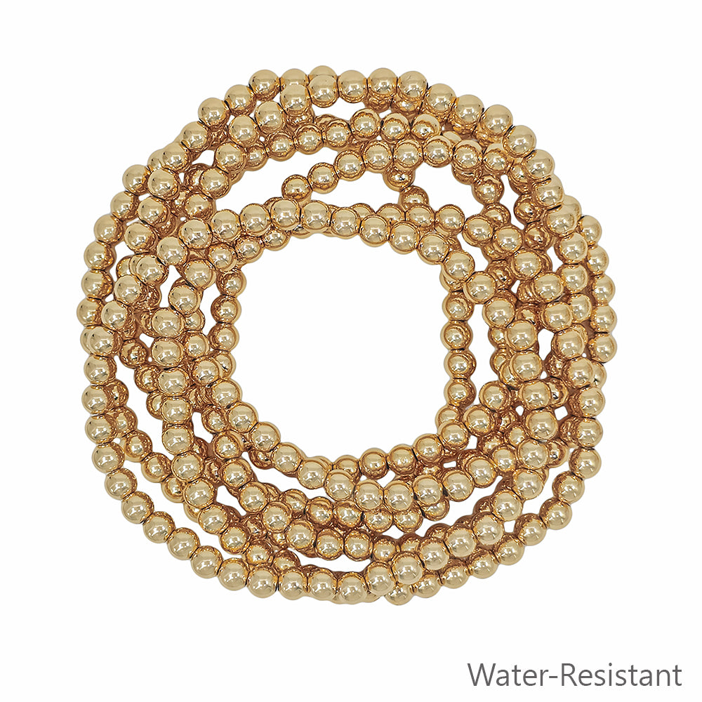 Water Resistant Set of 7 Gold Textured 5MM Beaded Stretch Bracelets