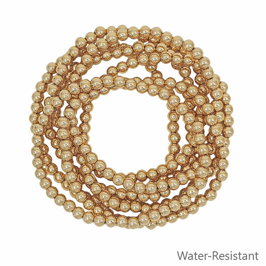 Water Resistant Set of 7 Gold Textured 5MM Beaded Stretch Bracelets