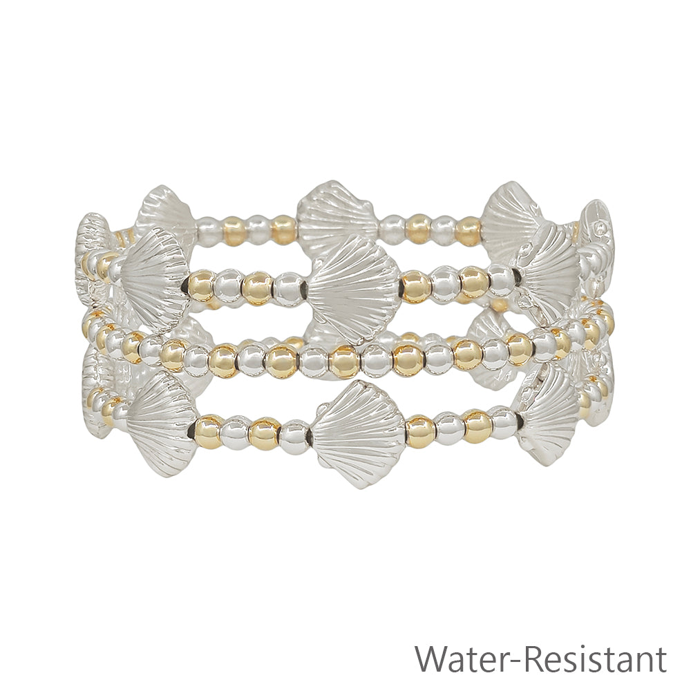 Water Resistant Set of 3 Gold and Silver Shell Beaded Stretch Bracelets