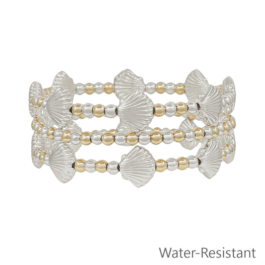 Water Resistant Set of 3 Gold and Silver Shell Beaded Stretch Bracelets