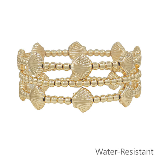 Water Resistant Set of 3 Gold and Shell Beaded Stretch Bracelets