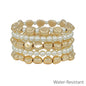 Water Resistant Set of 5 Gold and Pearl Stretch Bracelets