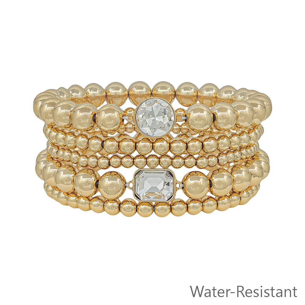 Water Resistant Gold Set of 6 Beaded Stretch Bracelets with Rhinestone Accents