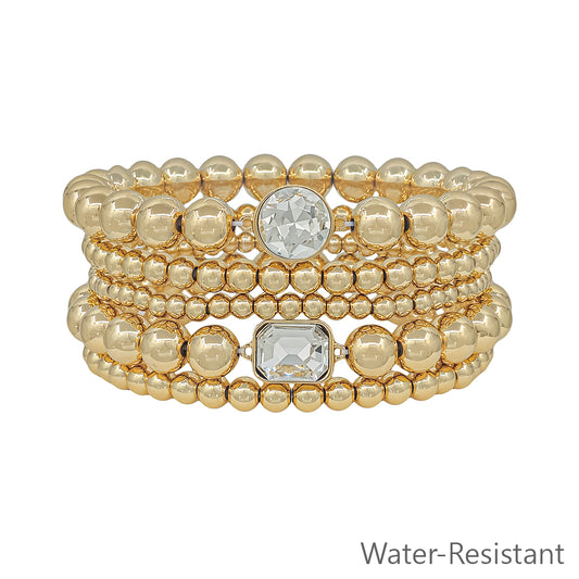 Water Resistant Gold Set of 6 Beaded Stretch Bracelets with Rhinestone Accents