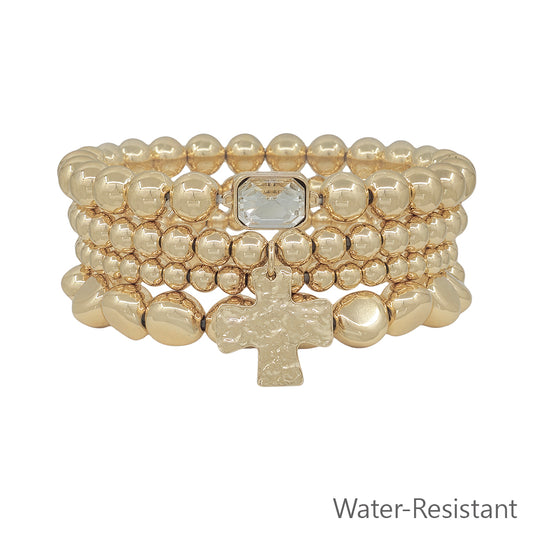 Water Resistant Set of 4 Gold and Cross Stretch Bracelets