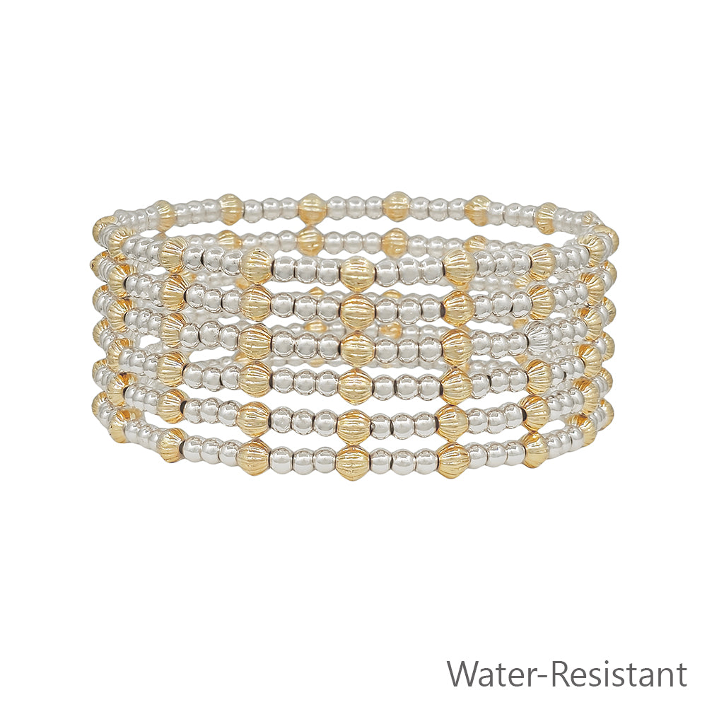 Water Resistant Set of 6 4MM and 3MM Gold and Silver Beaded Stretch Bracelets