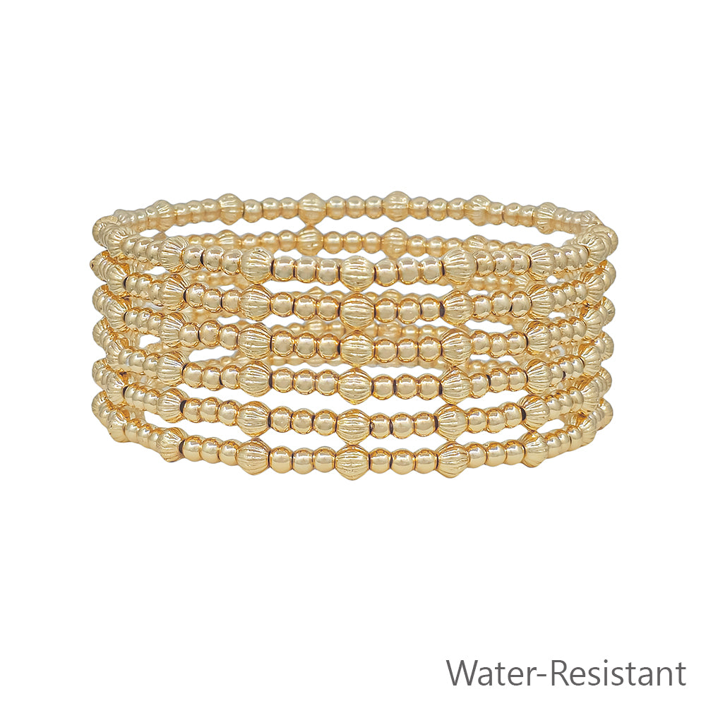 Water Resistant Set of 6 4MM and 3MM Gold Beaded Stretch Bracelets