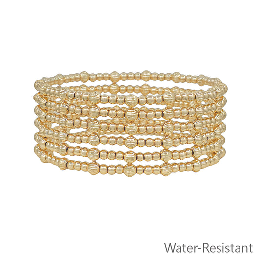 Water Resistant Set of 6 4MM and 3MM Gold Beaded Stretch Bracelets