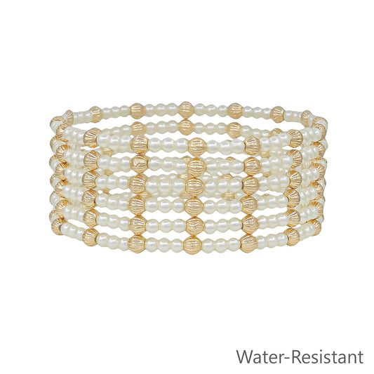 Water Resistant Set of 6 4MM and 3MM Gold and Pearl Beaded Stretch Bracelets