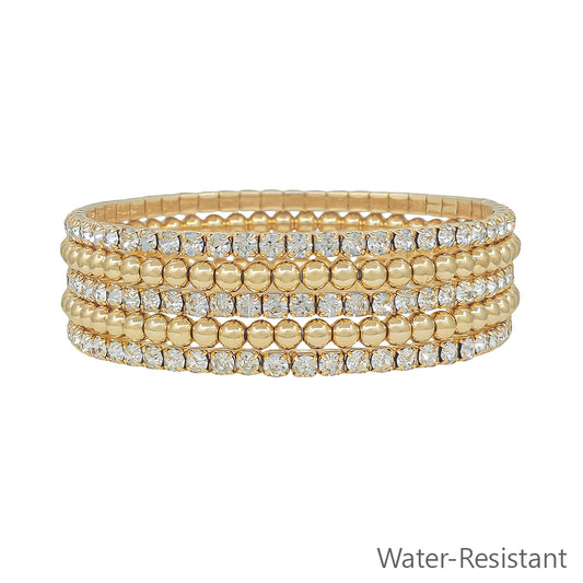 Water Resistant Set of 5 Rhinestone Tennis Chain with 4MM Beaded Stretch Bracelet