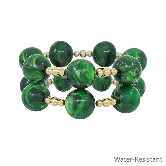 Water Resistant Set of 2 Gold Beaded with 20MM Large Emerald Green Stretch Bracelets