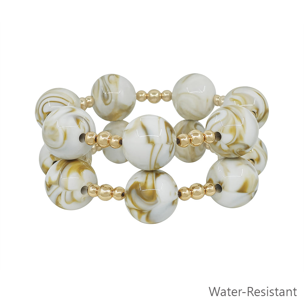 Water Resistant Set of 2 Gold Beaded with 20MM Large Natural Marbled Stretch Bracelets