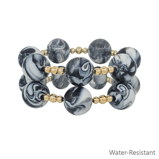 Water Resistant Set of 2 Gold Beaded with 20MM Large Black Stretch Bracelets