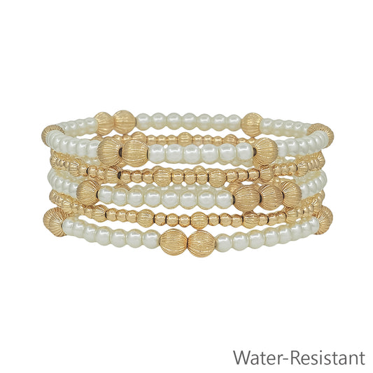 Water Resistant Gold Beaded and Pearl Set of 5 Stretch Bracelets