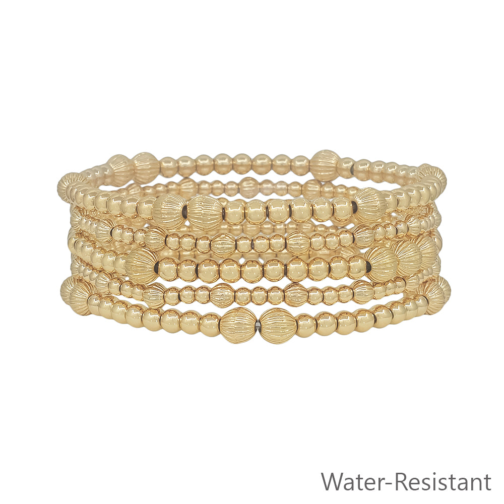 Water Resistant Gold Beaded Set of 5 Stretch Bracelets