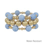 Water Resistant Set of 3 Blue 14MM Beaded and Gold Beaded Stretch Bracelets