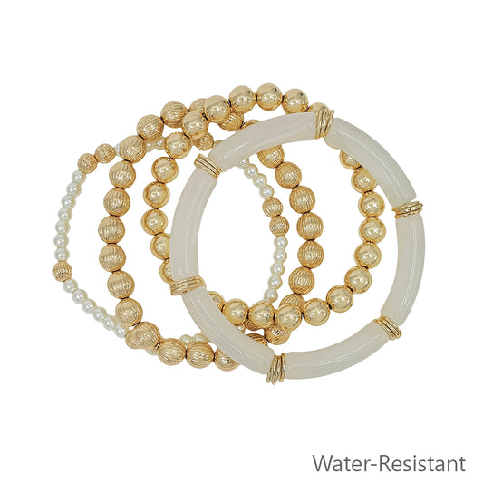 Water Resistant Set of 4 White Resin with Gold and Pearl Beaded Stretch Bracelets